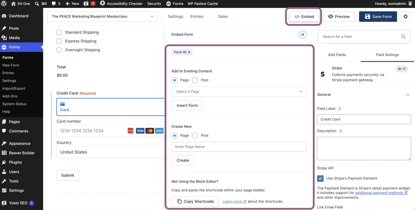 Gravity Forms Embed Form panel showing options to add the form to a page or copy its shortcode