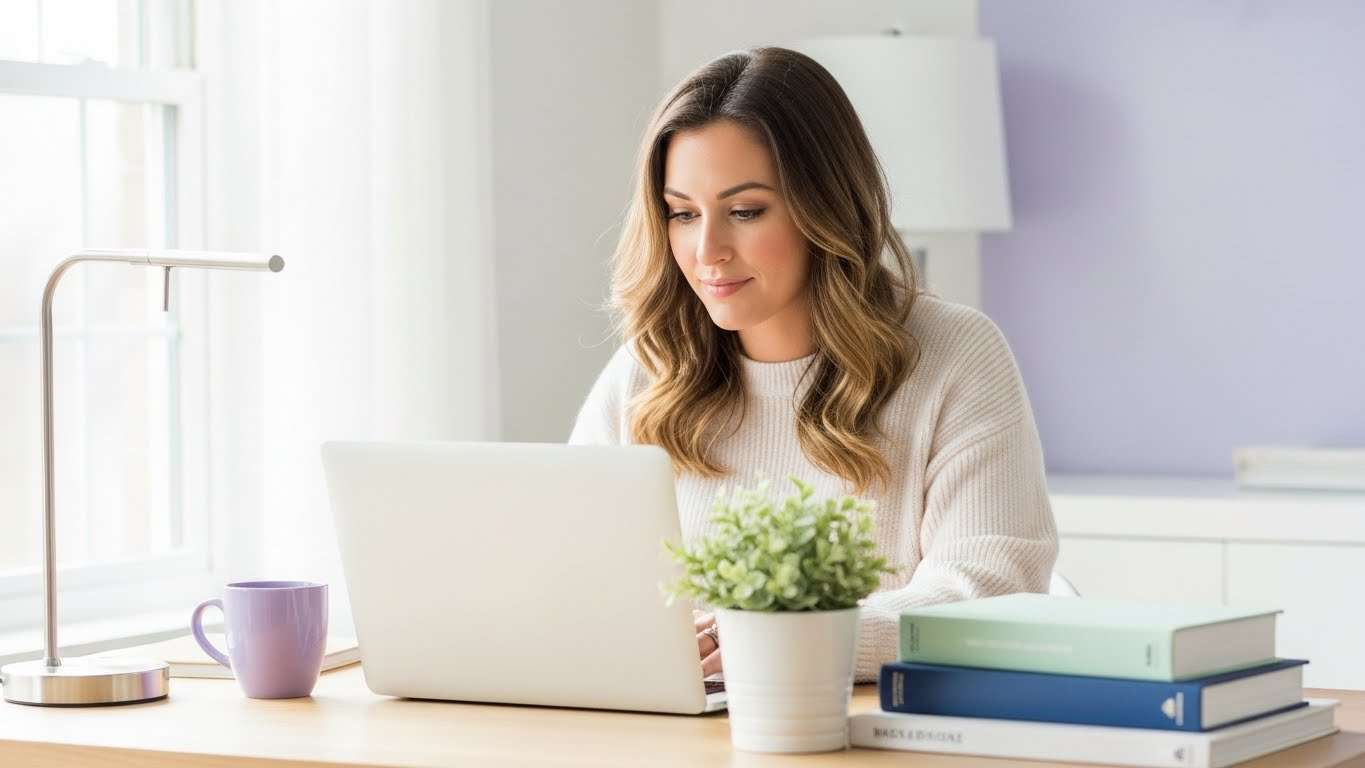 Woman with long light, brown hair using AI for content creation