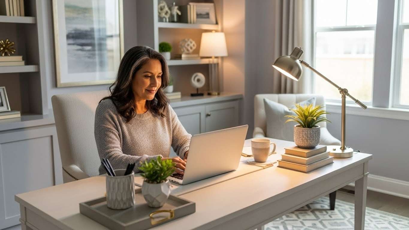 Coach exemplifying how to use AI without losing your voice while typing on her laptop