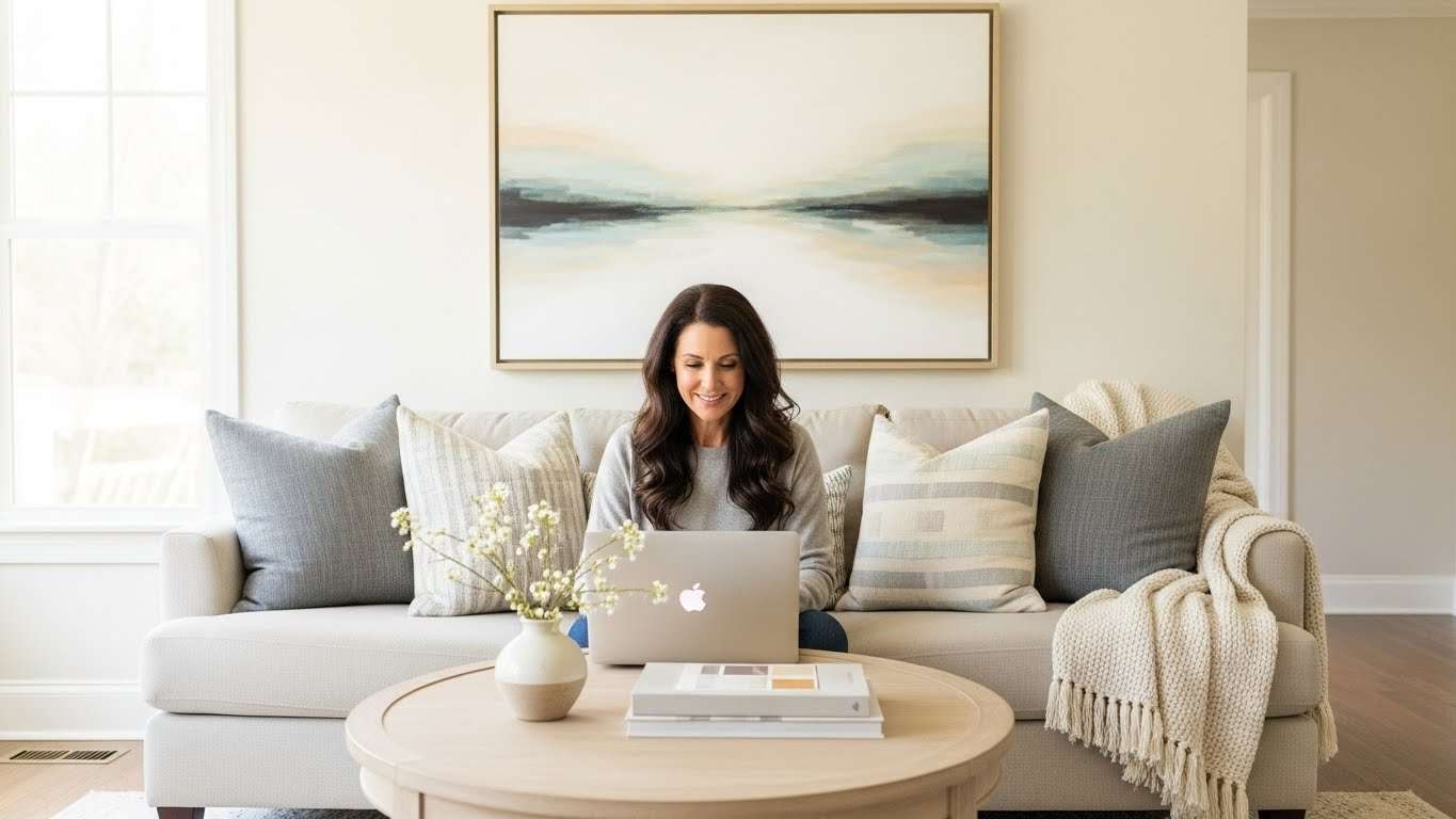 woman working on her laptop while sitting on her sofa representing how to use AI without losing your voice