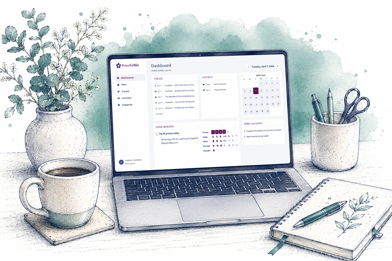 Watercolor illustration: the PeacefulBiz marketing planner app