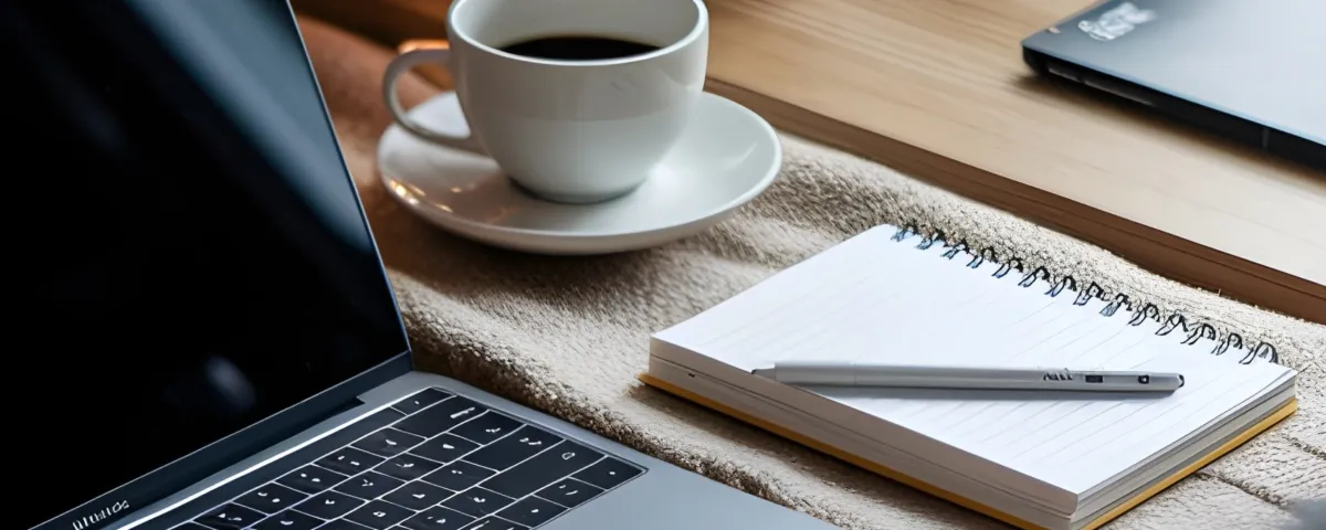Image of a workspace with a laptop, journal, pen, coffee, and candle for a quarterly business reset
