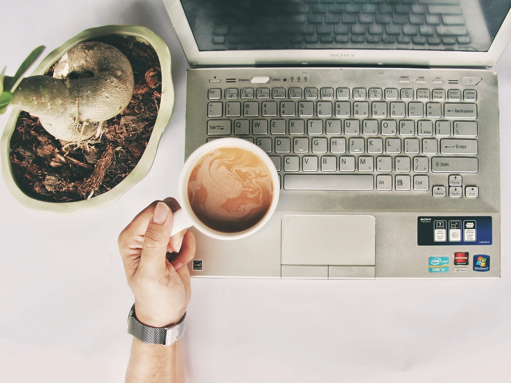 Person holding a coffee cup while looking at their laptop