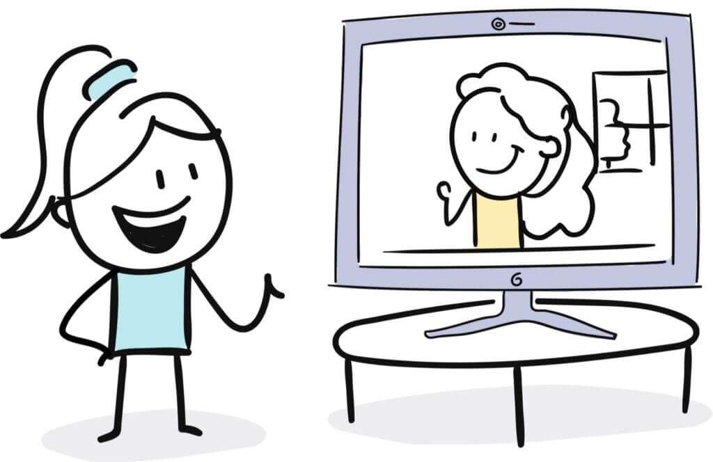 cartoon people on a zoom call like a discovery call, clarity call, kick-off call, etc.