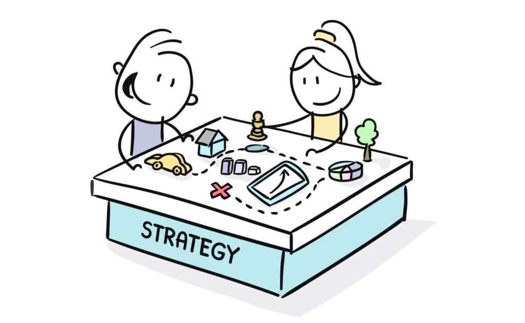 drawing of happy cartoon boy and girl mapping out a strategy
