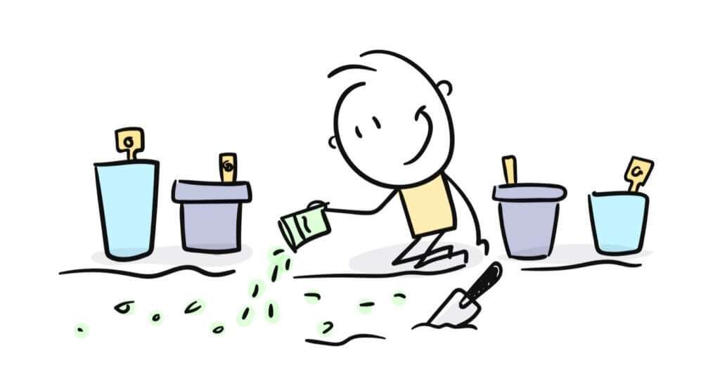 drawing of happy cartoon boy planing seeds