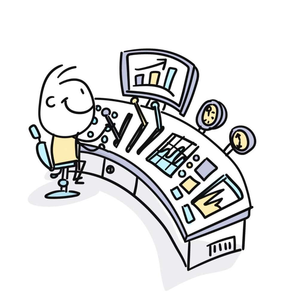 drawing of a happy cartoon boy sitting at a control center