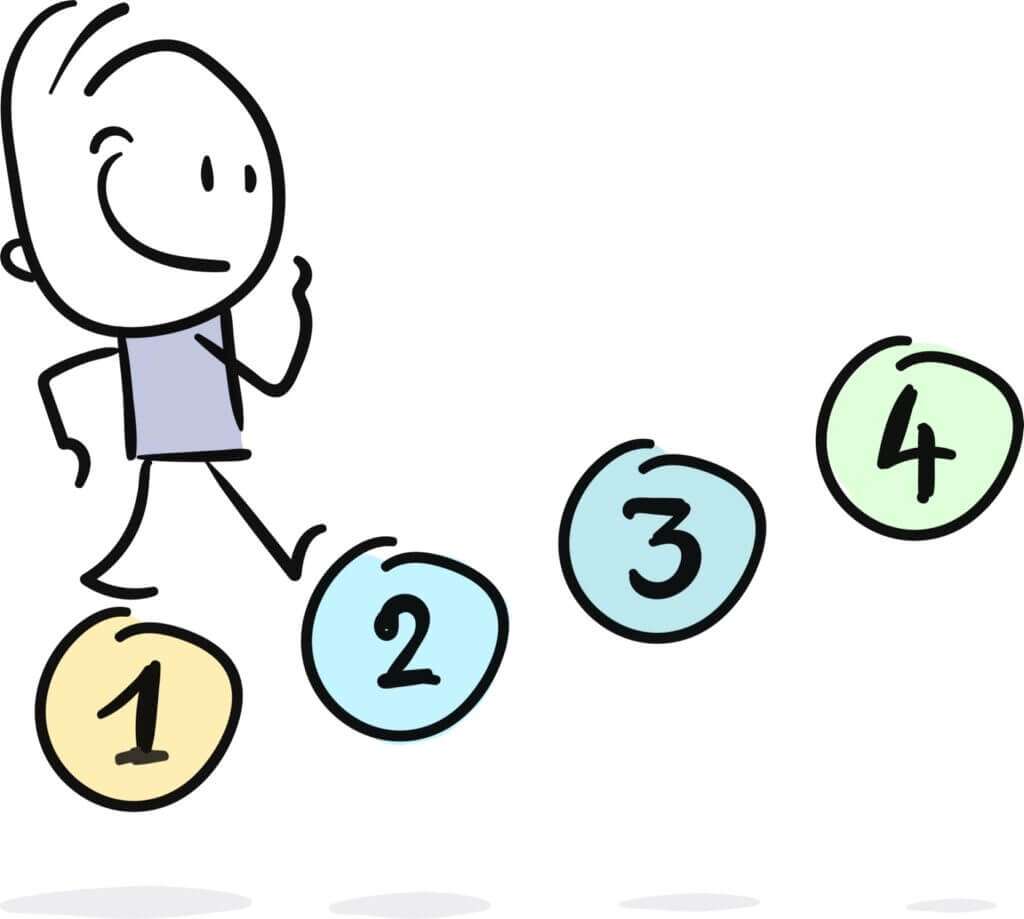 drawing of a happy cartoon boy walking up numbers 1 2 3 4 - next steps