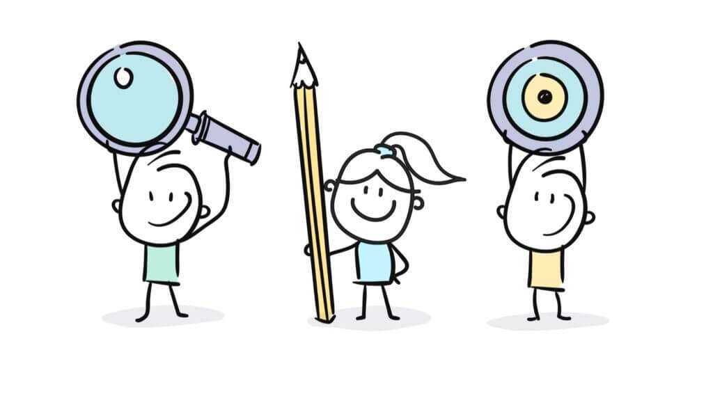 drawing of happy cartoon boys and girls hosing magnifying glass pencil and bullseye target - success tracking systems