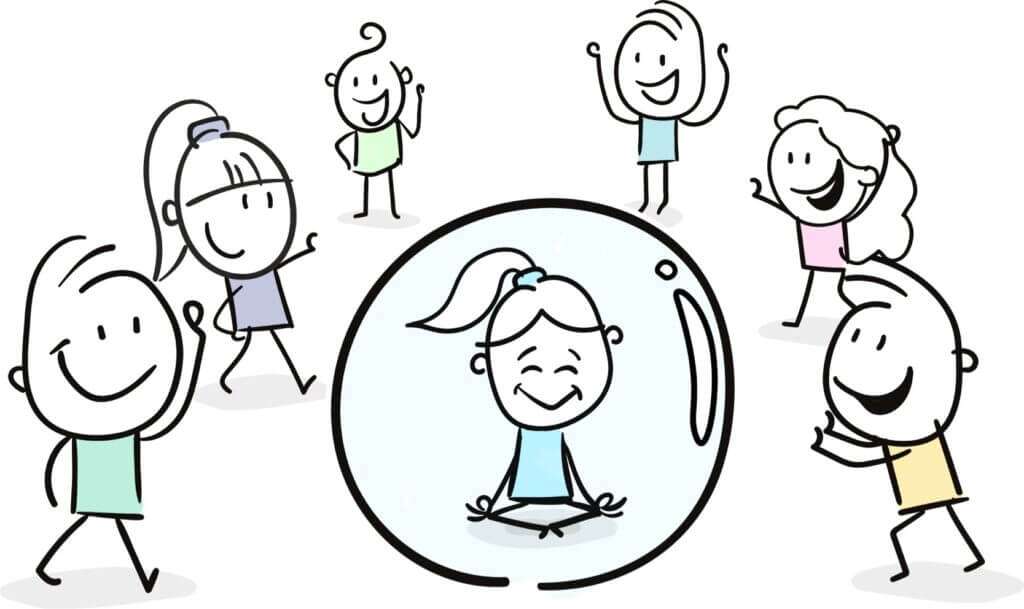 cartoon girl sitting in a bubble with people around her trying to get to her but she's peaceful in a yoga pose inside the bubble because she set boundaries.