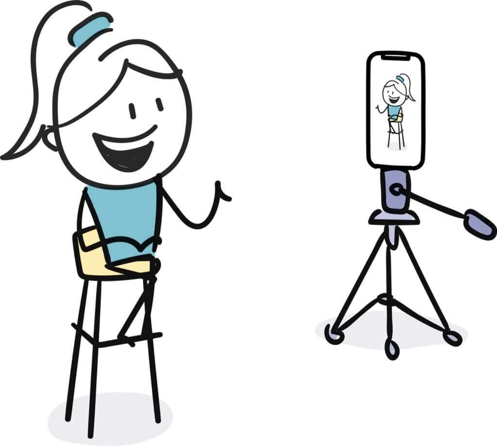 Cartoon doodle hand drawn image of a woman sitting on a stool in front of an iPhone on a tripod recording video content.
