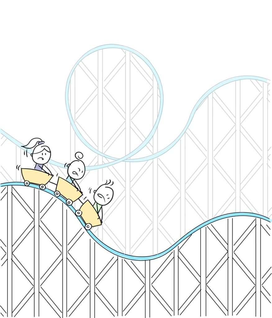 Cartoon of a roller coaster with 3 business owners about to go down hill. They are hanging on with both hands with scared expressions on their faces.