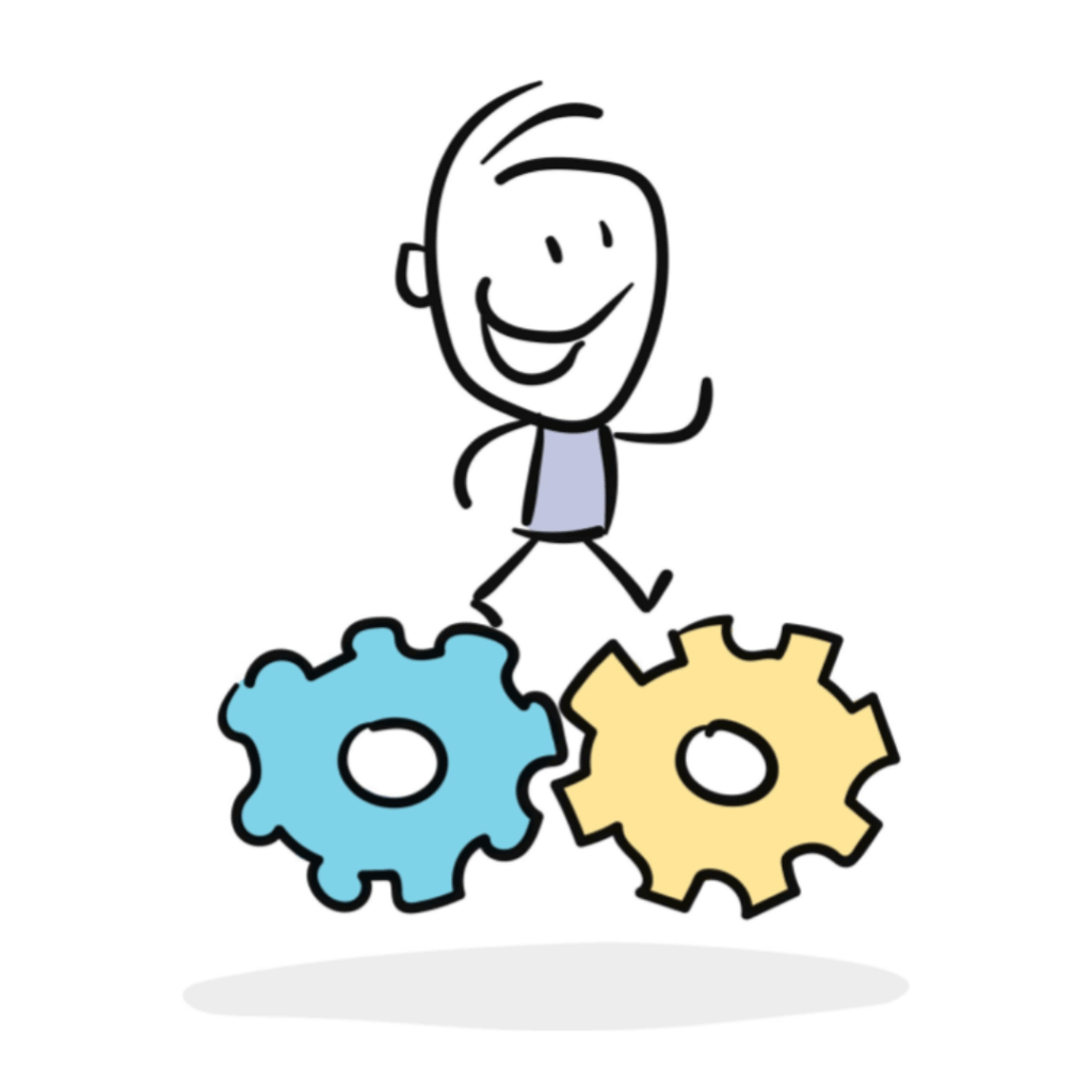 cartoon person walking on cartoon gears marketing automation
