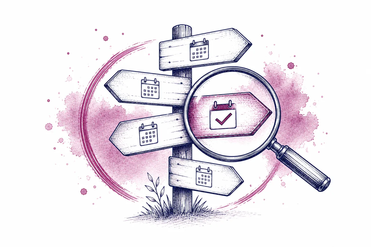 Watercolor illustration of a magnifying glass examining calendar signposts, representing how to choose a scheduler