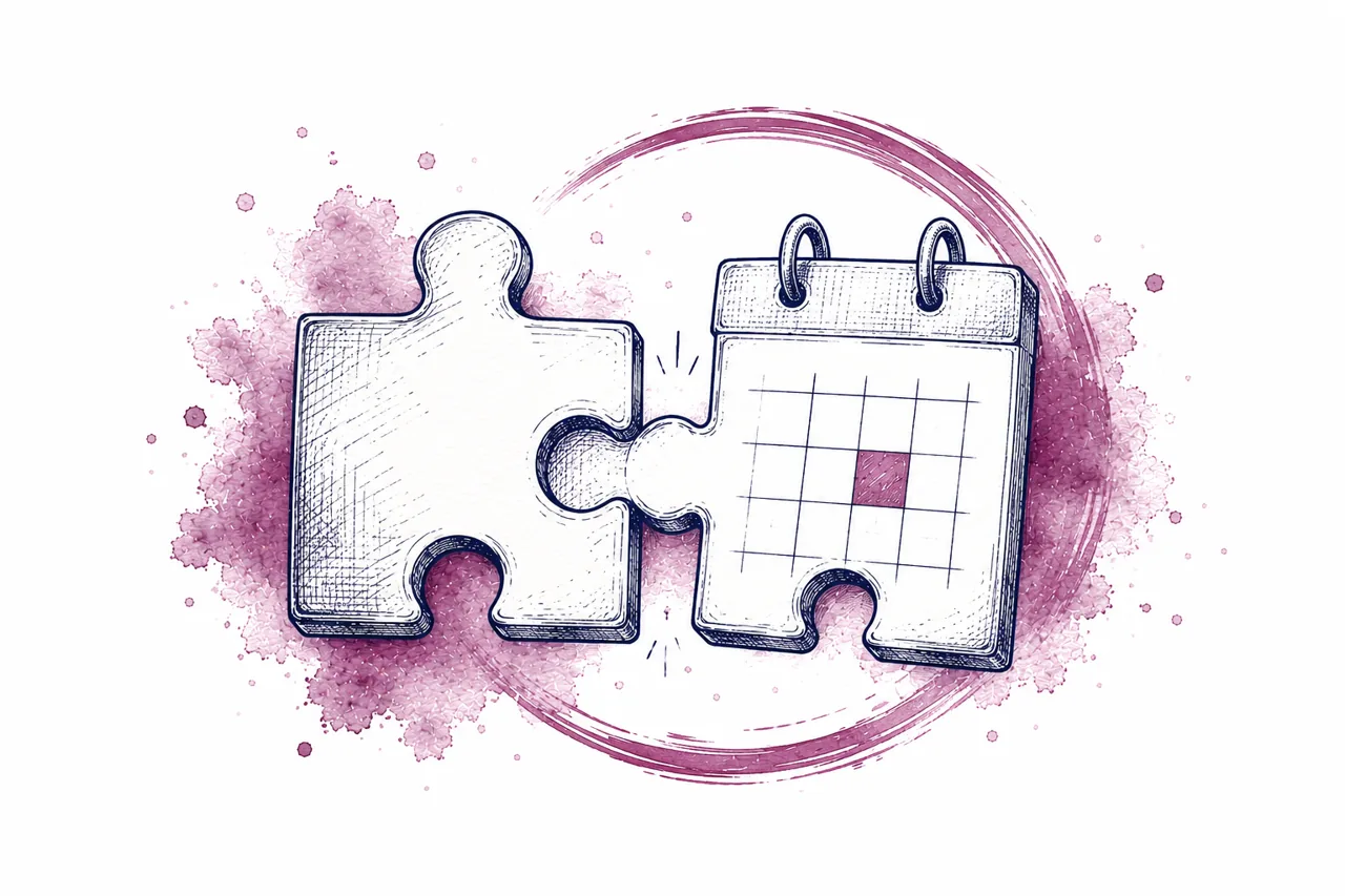 Watercolor illustration of a puzzle piece connecting to a calendar, representing how scheduling systems work