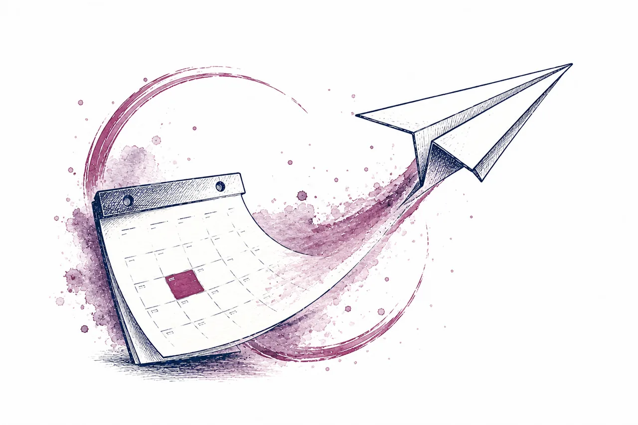Watercolor illustration of a calendar taking flight like a paper plane