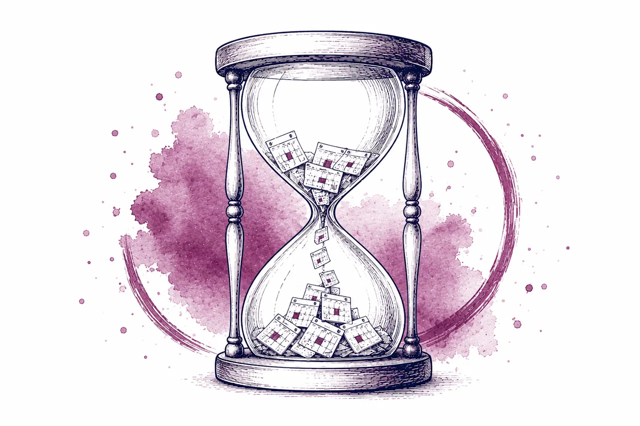 Watercolor illustration of an hourglass filled with calendar pages, representing reclaiming your time