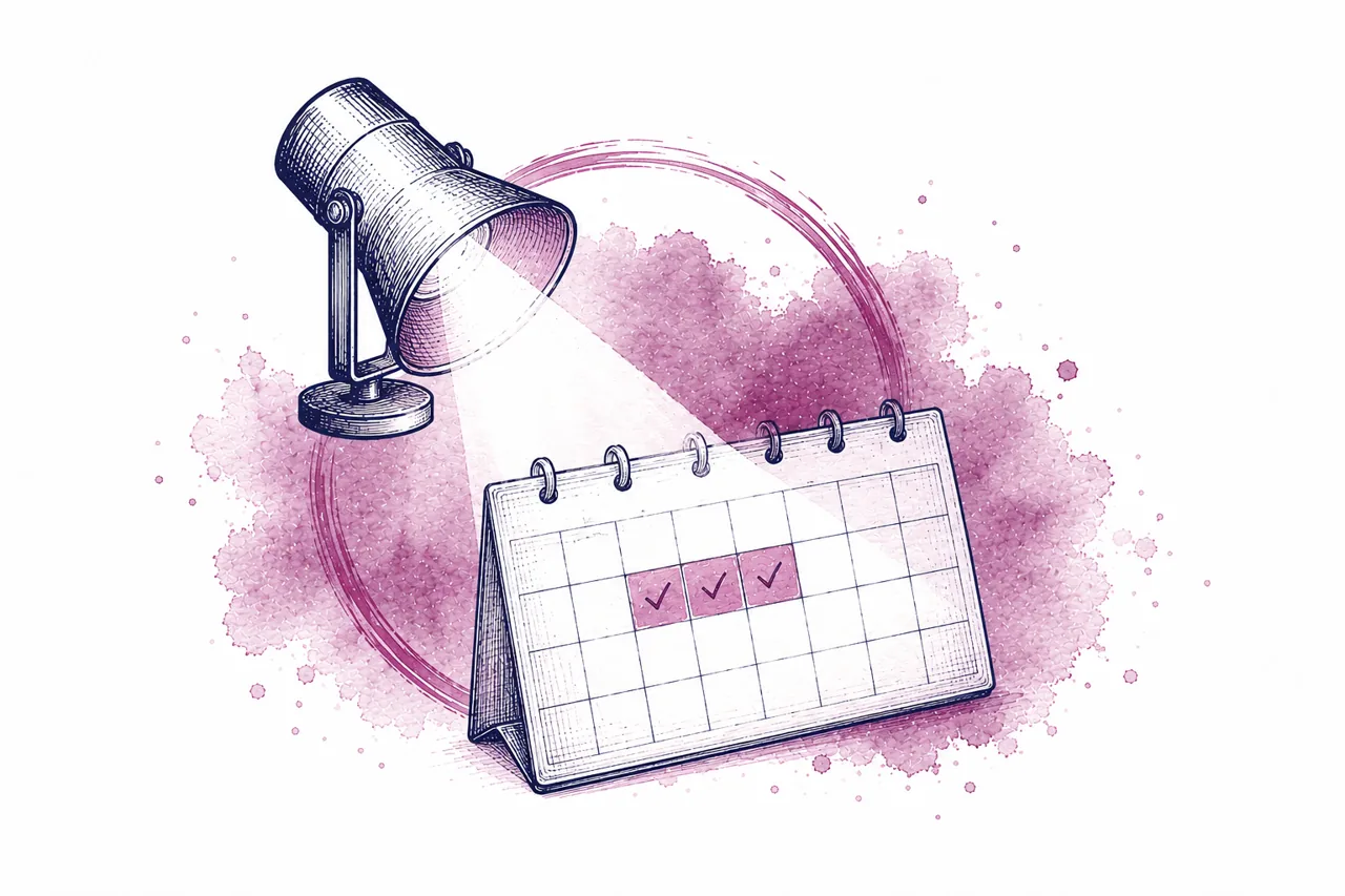 Watercolor illustration of a desk lamp over a calendar, representing time-blocking your schedule