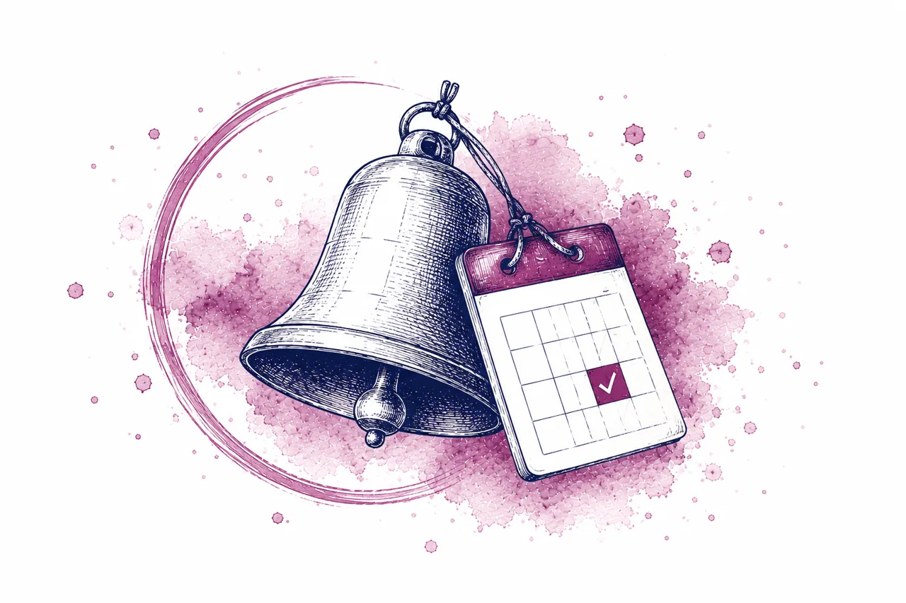 Watercolor illustration of a reminder bell beside a calendar, representing troubleshooting scheduling problems