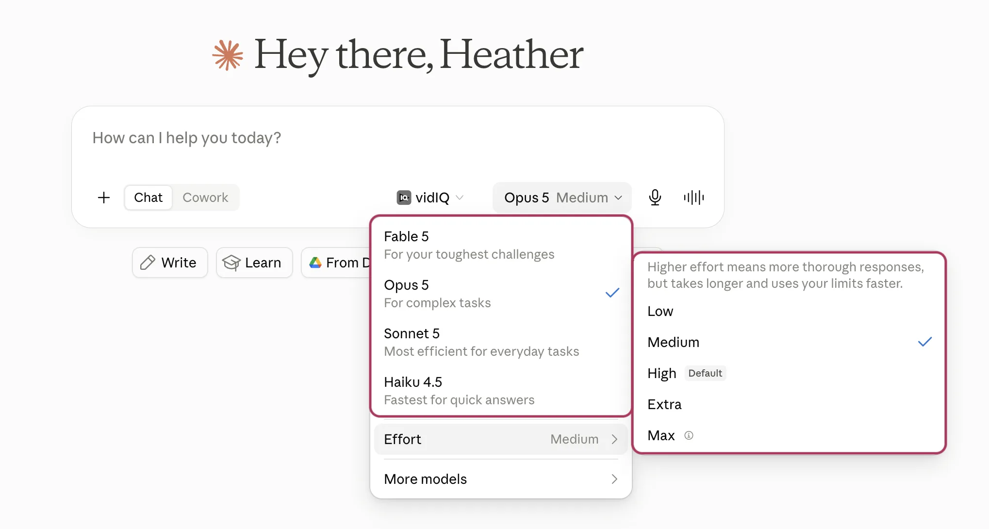 Claude's model menu (Fable 5, Opus 5, Sonnet 5, Haiku 4.5) open beside the effort menu (Low, Medium, High marked Default, Extra, Max).