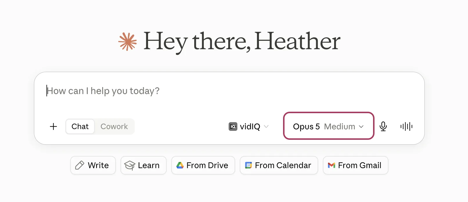 The Claude chat box, with the combined model-and-effort button (showing Opus 5, Medium) highlighted in the bottom-right corner of the text box.