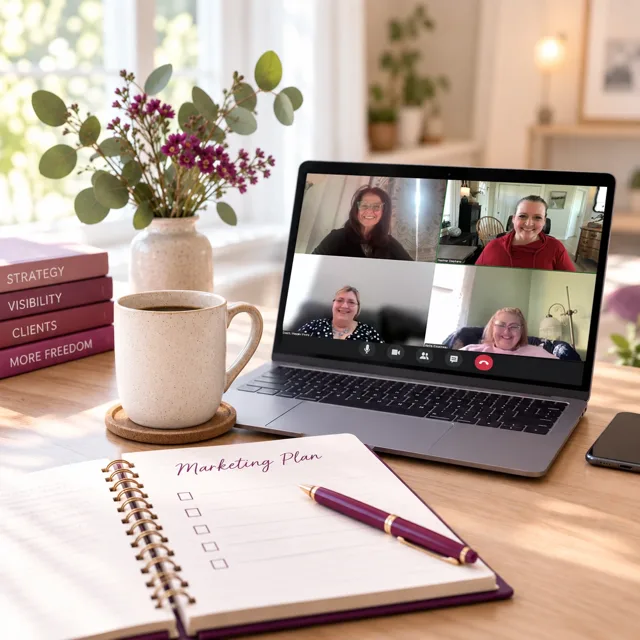 Four women smiling on a video call, with a marketing plan notebook and a mug of coffee on the desk