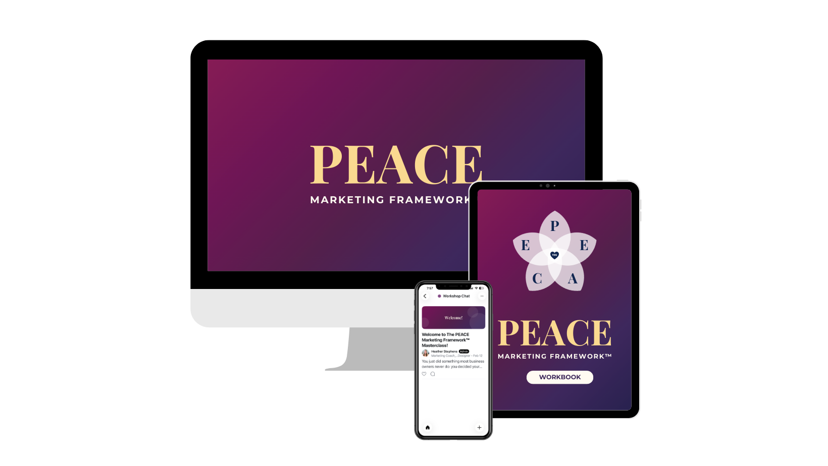 The PEACE Marketing Blueprint Masterclass, shown on a laptop and workbook