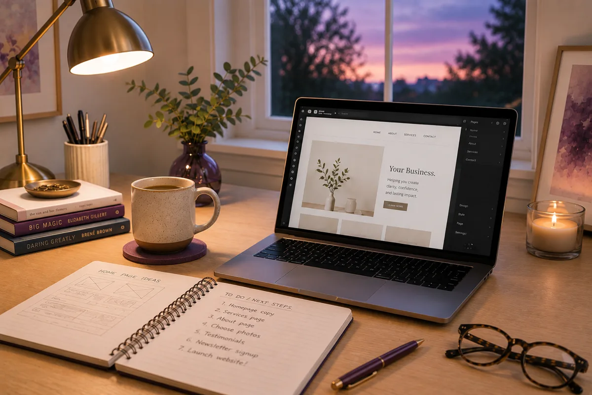 A desk at dusk with a laptop showing a half-built website, a notebook of page sketches, and a mug of coffee