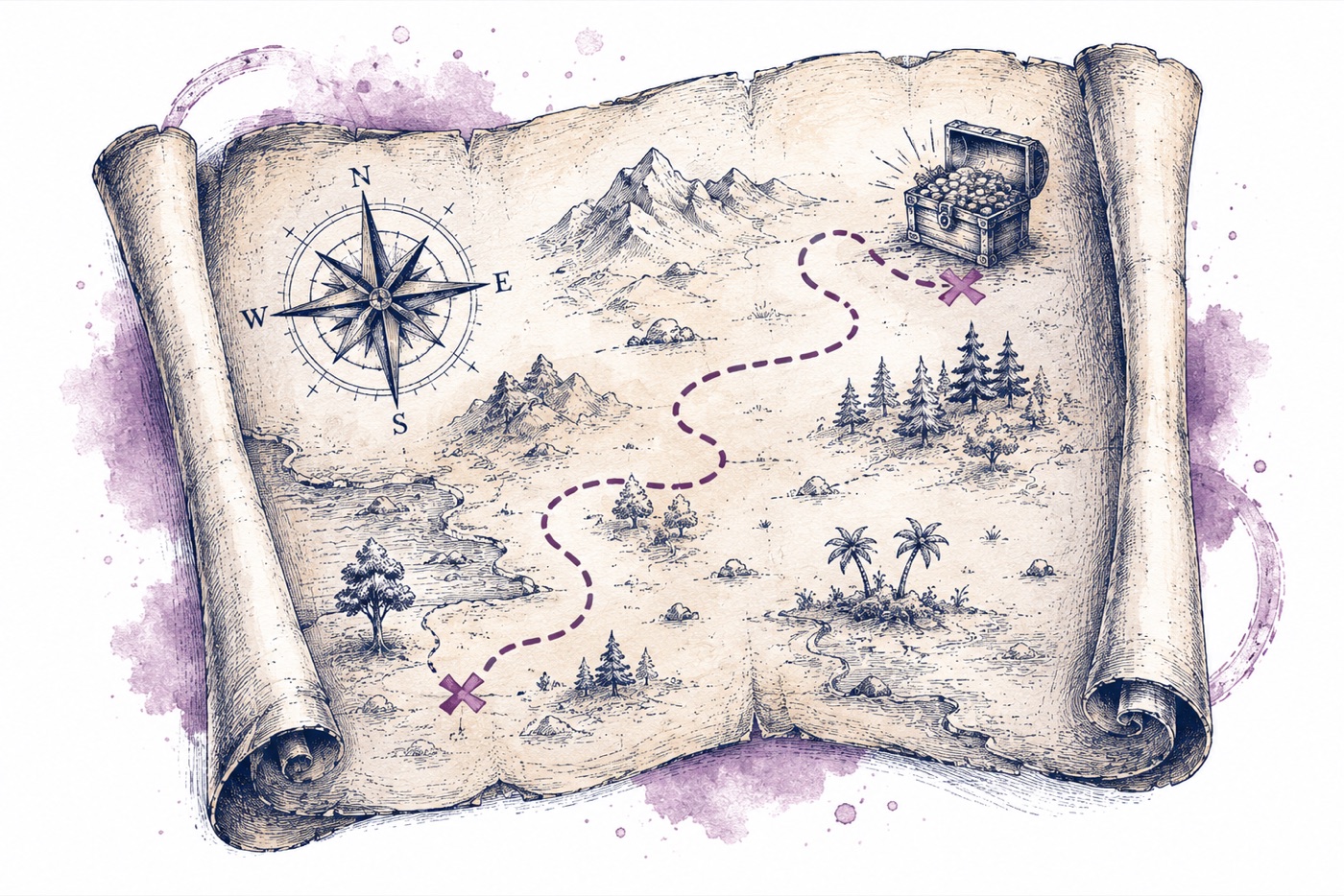 A hand-drawn treasure map with a dotted path leading to a treasure chest