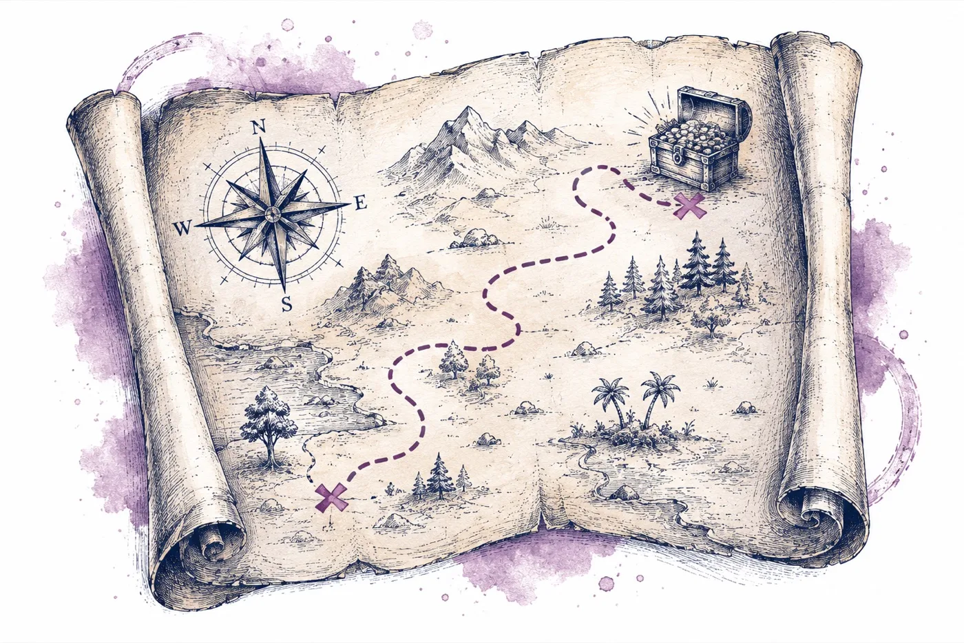 A hand-drawn treasure map with a dotted path leading to a treasure chest