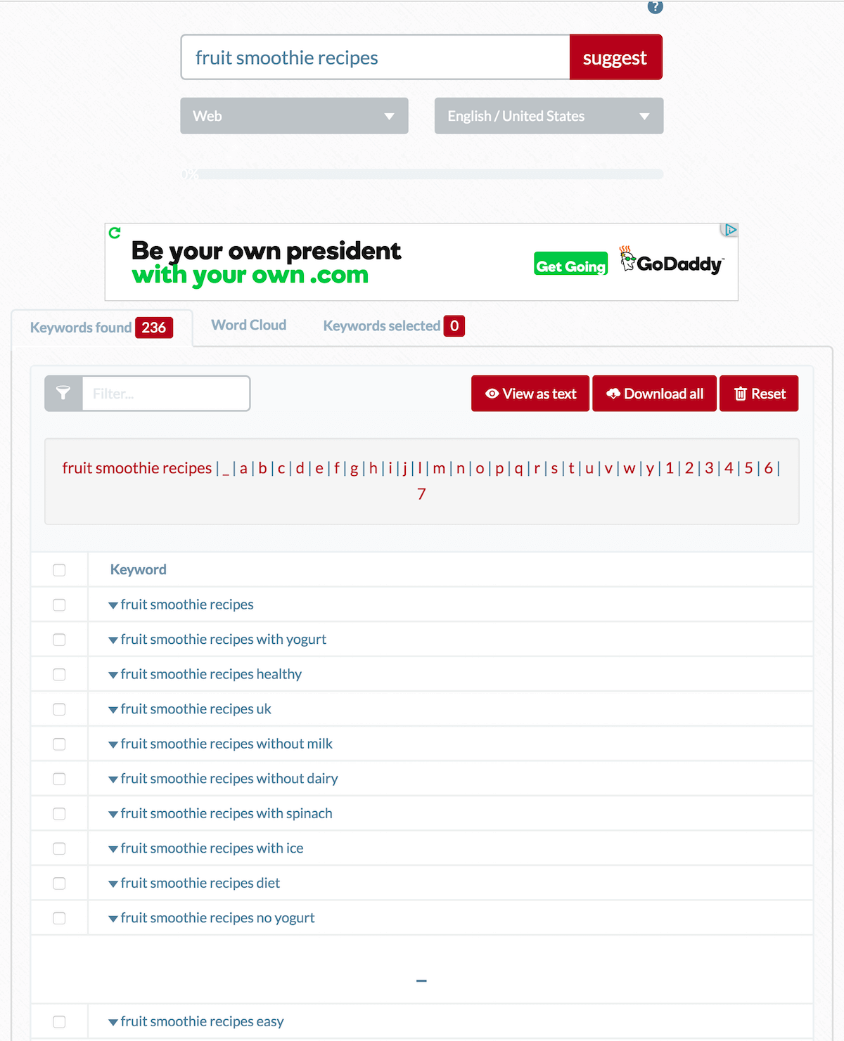 Uber Suggest keyword research