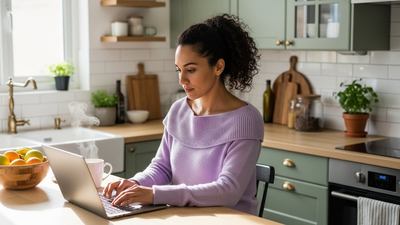life coach typing on laptop planning her coaching website redesign