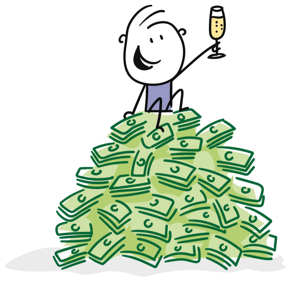 boy sitting on pile of money with a glass of champagne