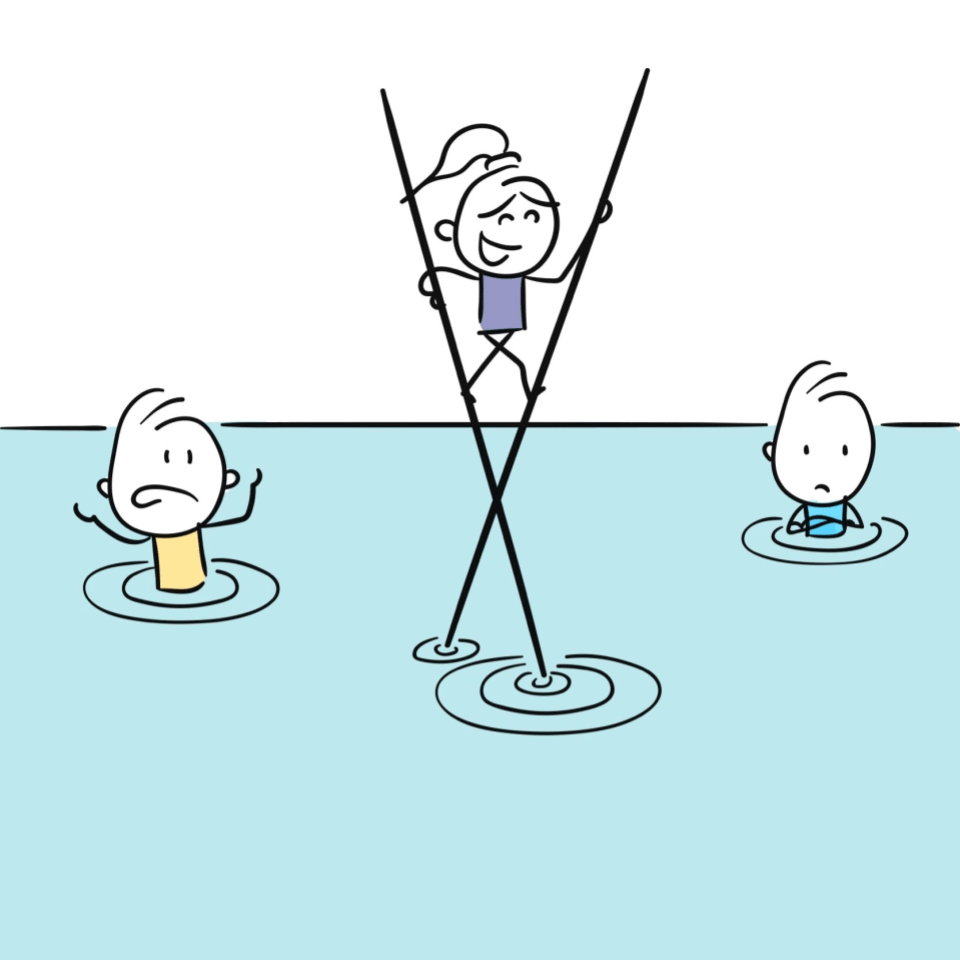 image of cartoon girl on stilts walking through water not overwhelmed
