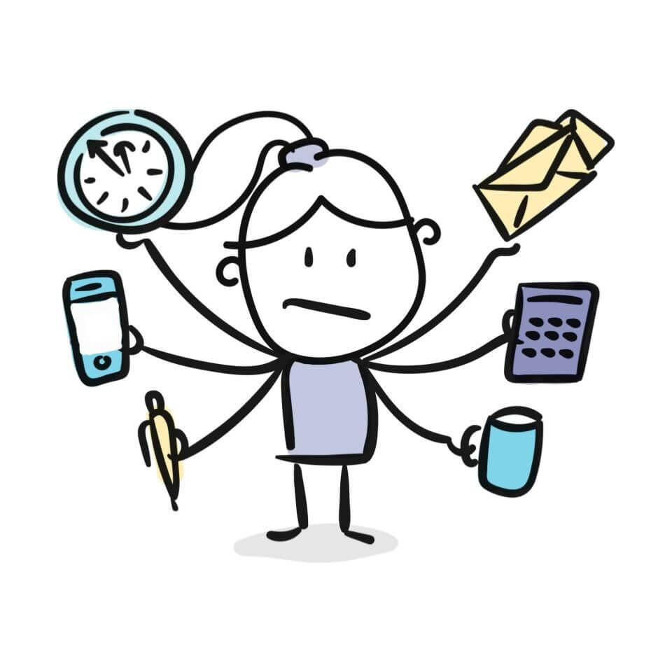 cartoon girl stressed out and overwhelmed because she is doing all the things - arms busy