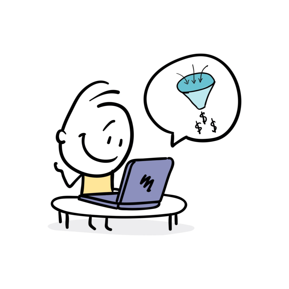 cartoon of a person at a laptop designing a funnel