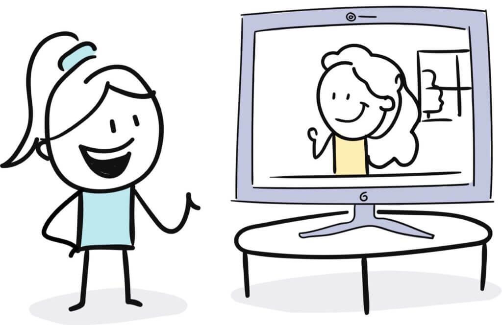 cartoon people on a zoom call like a discovery call, clarity call, kick-off call, etc.