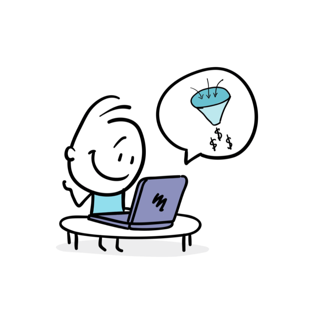 cartoon laptop funnel speech bubble