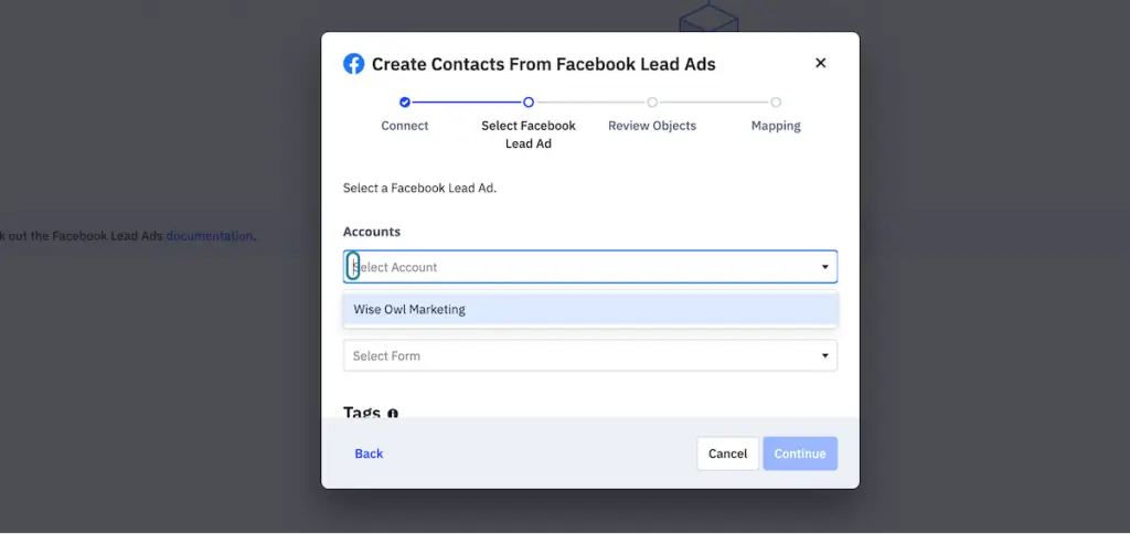 Step 11: screenshot of how to connect ActiveCampaign and Facebook Lead Ad Forms