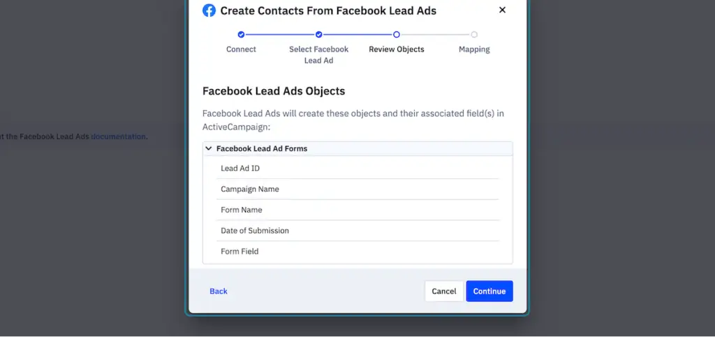 Step 14: screenshot of how to connect ActiveCampaign and Facebook Lead Ad Forms