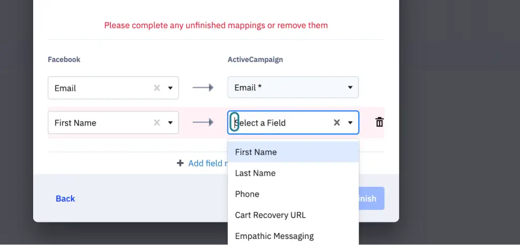 Step 15: screenshot of how to connect ActiveCampaign and Facebook Lead Ad Forms