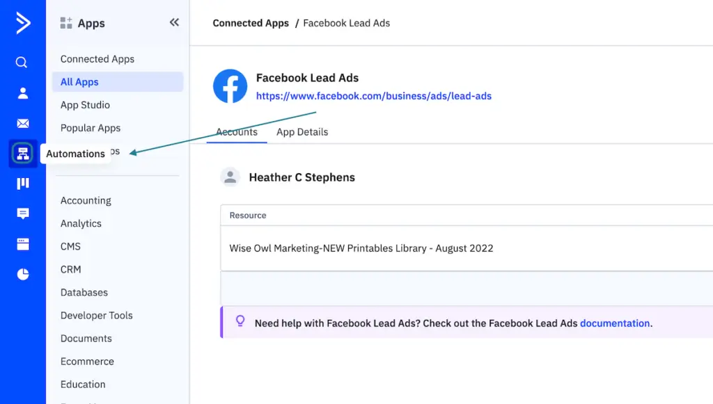 Step 17: screenshot of how to connect ActiveCampaign and Facebook Lead Ad Forms