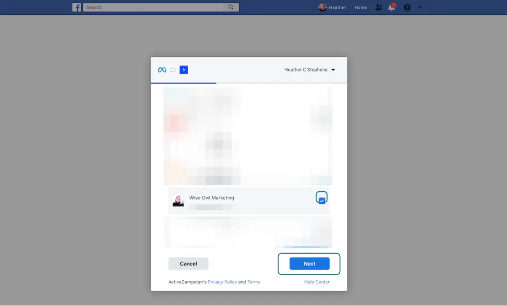 Step 7: screenshot of how to connect ActiveCampaign and Facebook Lead Ad Forms