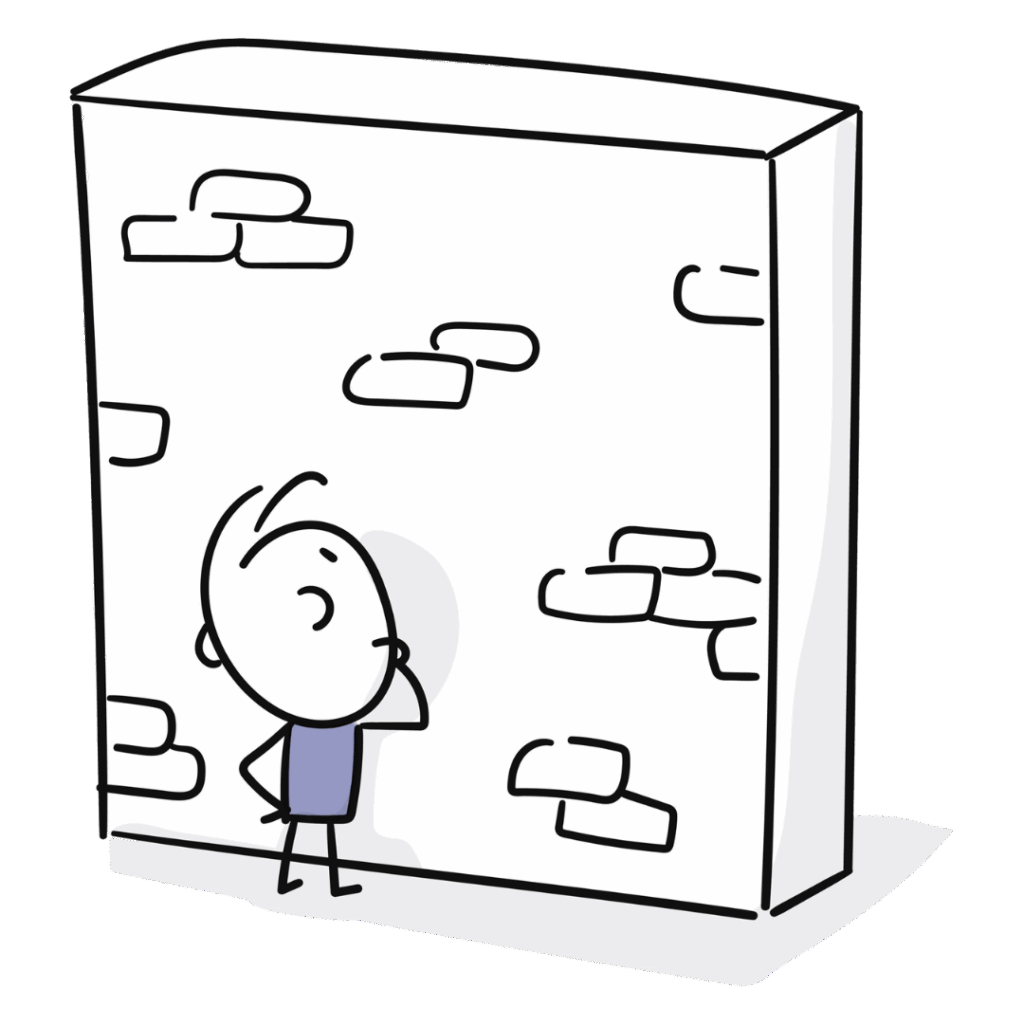 cartoon boy staring at a large brick wall