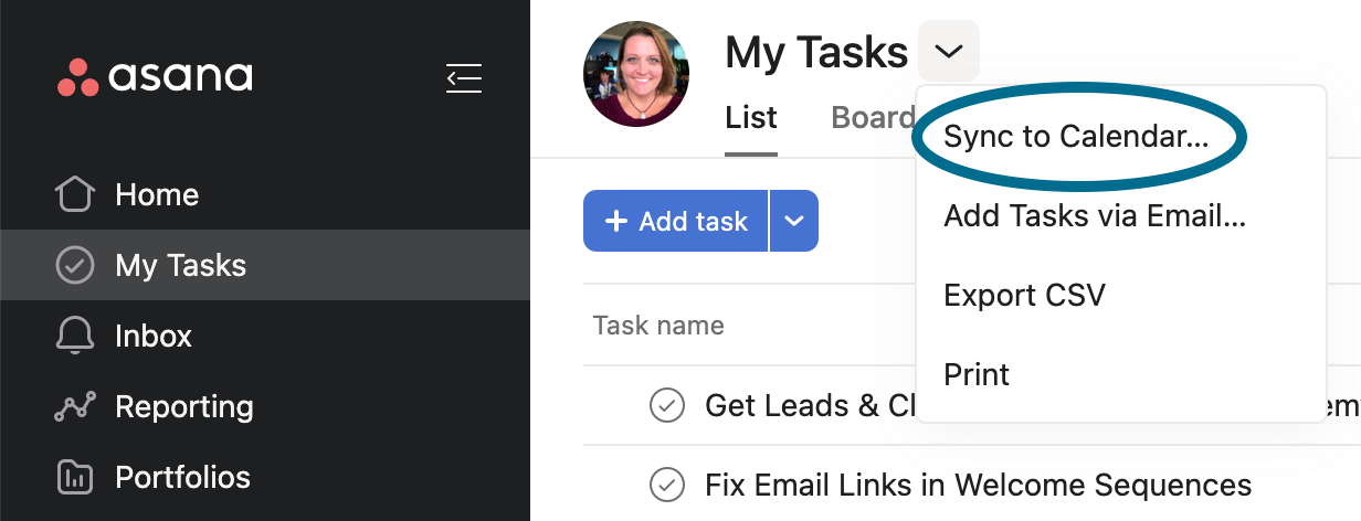 Screenshot of asana showing where to click to add your my tasks to your google calendar