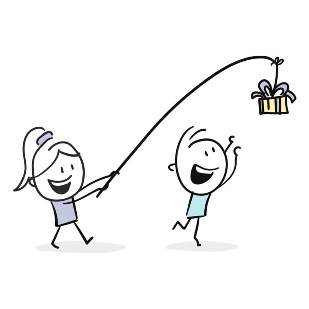 Cartoon of a girl with a gift on the end of a fishing pole tempting a guy who wants it