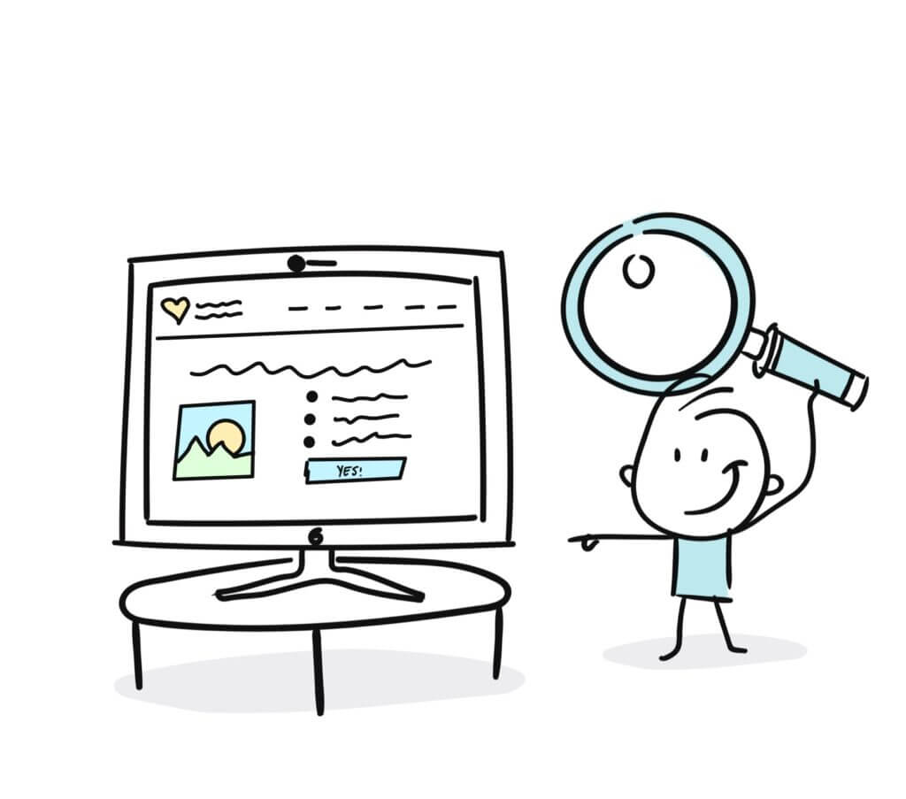 Doodle cartoon of person holding magnifier pointing to a computer with a mini and mighty website on it.