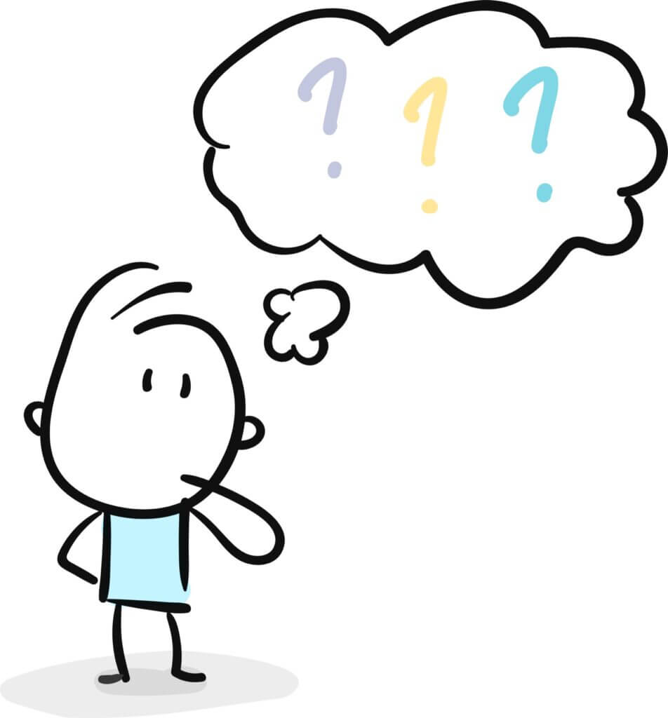 cartoon person with tought bubble filled with question marks