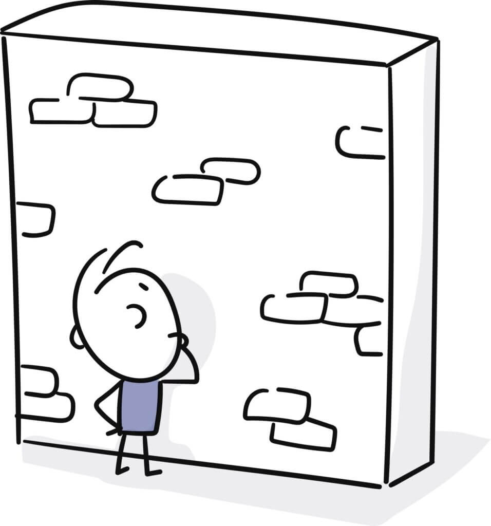 doodle cartoon person staring at a large brick wall - why isn't it working