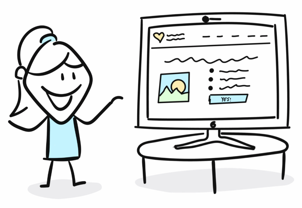 cartoon person pointing to a computer with a landing page on the screen.